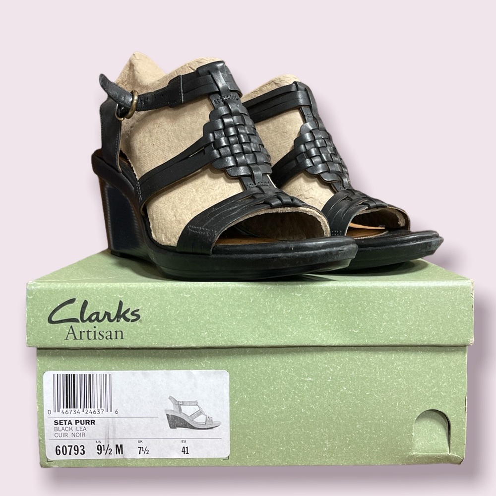 Clarks Artisan Collection Seta Purr Black Lea Sandals Size 9.5 M